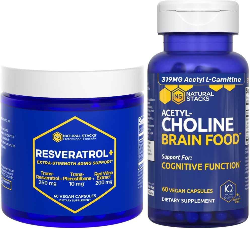 NATURLIGE STAKKER Acetylcholine Brain Food + Resveratrol Supplement Bundle - Understøtter kognitiv funktion & Brain Aging * - 120 Total Kapsler