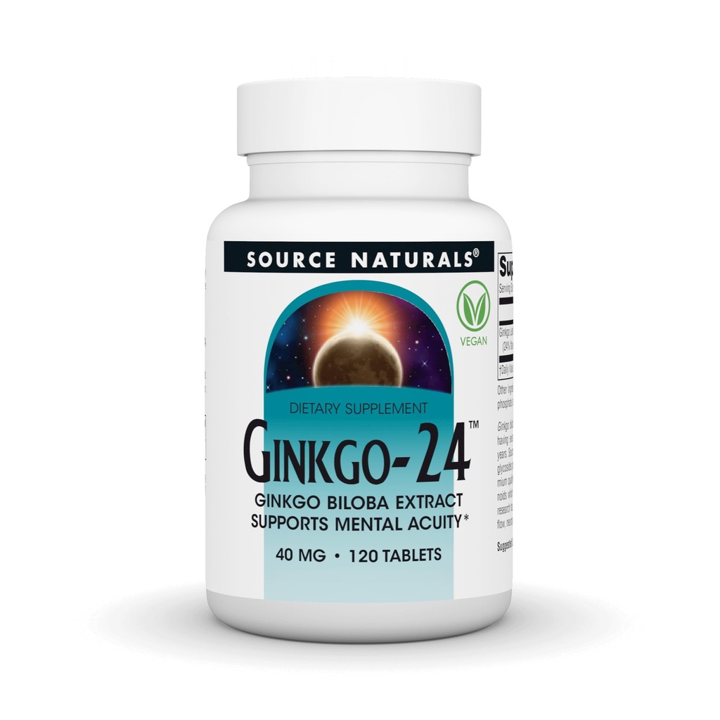 Source Naturals Ginkgo- 24 - Ginkgo Biloba Extract støtter Mental Acuity * - 40 mg, 120 tabletter