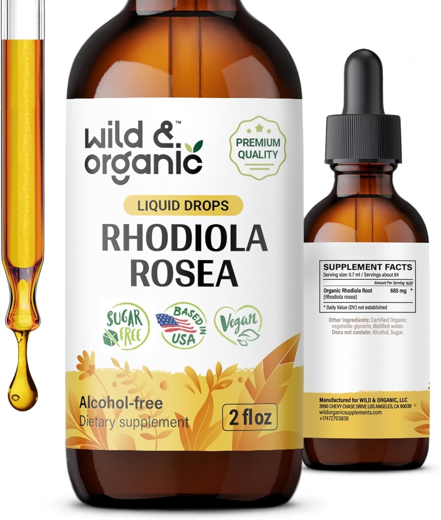 Wild & Organic Rhodiola Rosea Tinktur - Mood Support - Afslappende Rhodiola tillæg - Root Extract Liquid Drops - Vegan, Sukker & Alkohol- Free - 2 fl oz