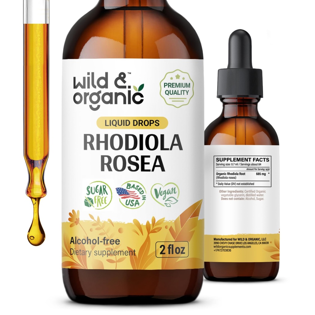 Wild & Organic Rhodiola Rosea Tinktur - Mood Support - Afslappende Rhodiola tillæg - Root Extract Liquid Drops - Vegan, Sukker & Alkohol- Free - 2 fl oz