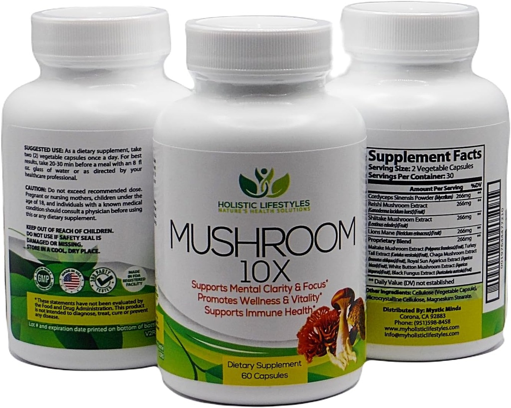 Mushroom 10X Mushroom Complex 10- in-1 Supplement 1330 mg 60 Kapsler w / Lions Mane Understøtter fokus & mental Klarhed, Vitality, Mood Enhancement & immunforsvar