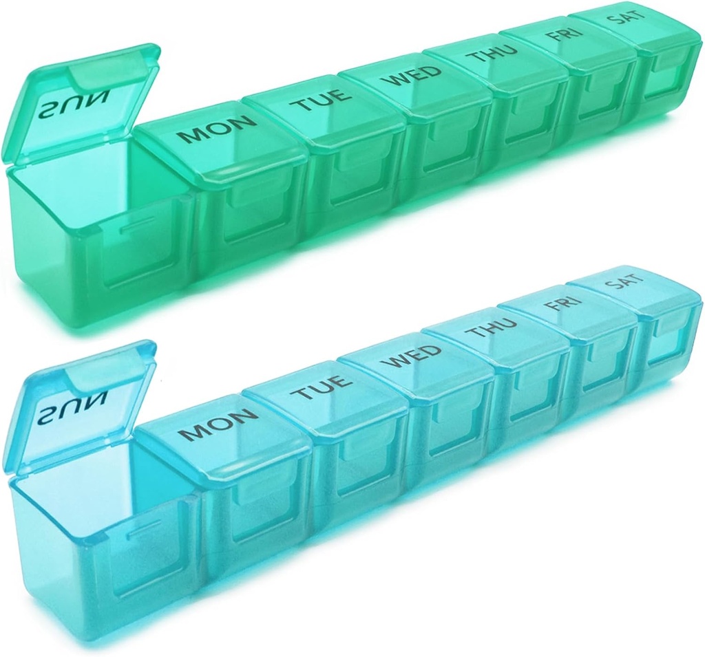 2 Pack Weekly Pill Organizer, Stor 7 dages Pill Case, Daily Vitamin Case Medicine Box, AM / PM Pill Containers for Medicine Supplements Fish Oil (blå og grøn)