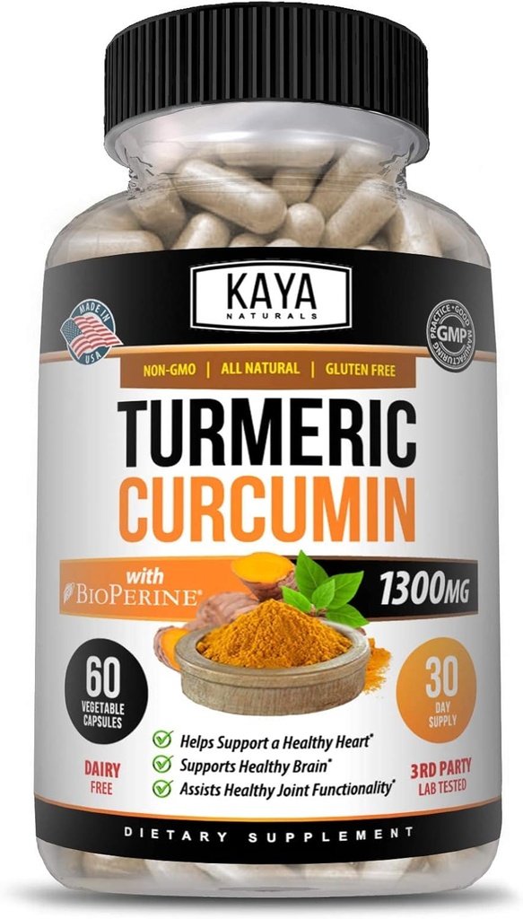 Kaya Naturals Gurkemeje Platinum, 60 Greve Kapsler, Bioperine, Premium Support med 95% Standardiserede Curcuminoider - 60 Kapsler