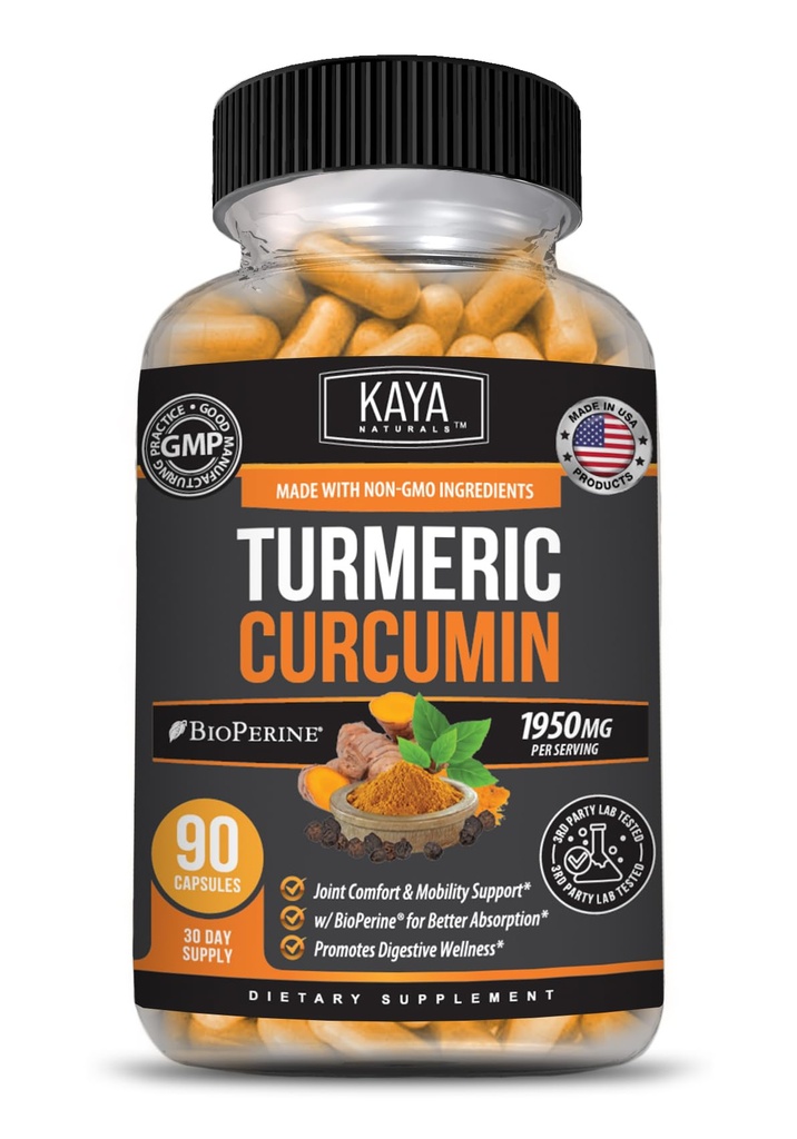 Kaya Naturals Gurkemeje Platinum, 60 Greve Kapsler, Bioperine, Premium Support med 95% Standardiserede Curcuminoider - 60 Kapsler