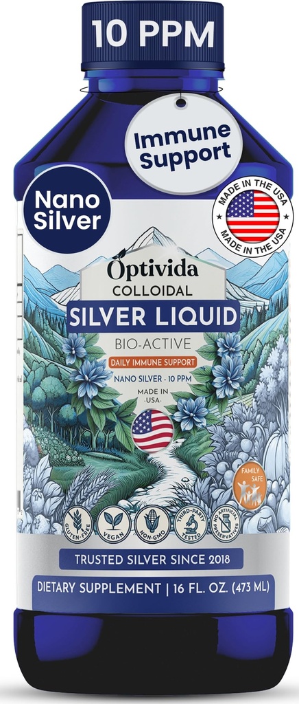 Optivida Health Nano kolloid sølv væske (1 LB) - immunsupporttilskud med sølv hydrosol, væske til immunsupport, kolloid sølv til immunsystem, 10 PPM.