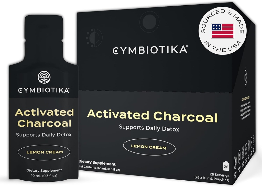 CYMBIOTIKA Aktiveret kul væske supplement pakker fra kokosnødder til bloating, Gut sundhed & fordøjelsesstøtte, hjælper Detox, E-vitamin, Lemon Cream Flavor, Vegan, 26 Pack
