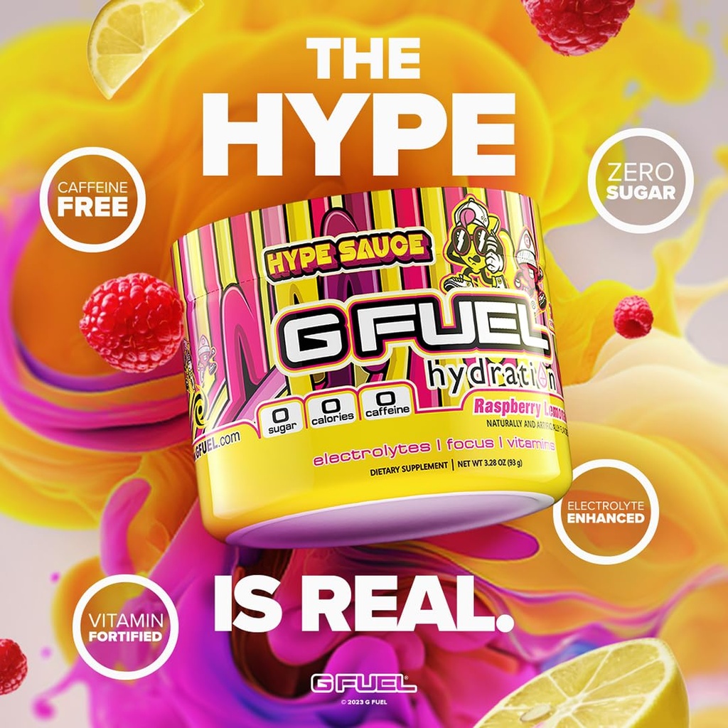 G Brændstof Hype Sauce Supreme Hydration, Electrolyte Powder Mix for Energy & Focus, Sukker og Koffein Free Supplement med essentielle vitaminer og mineraler, Raspberry Lemonade Flavor, 3.3 oz - 30 Servere