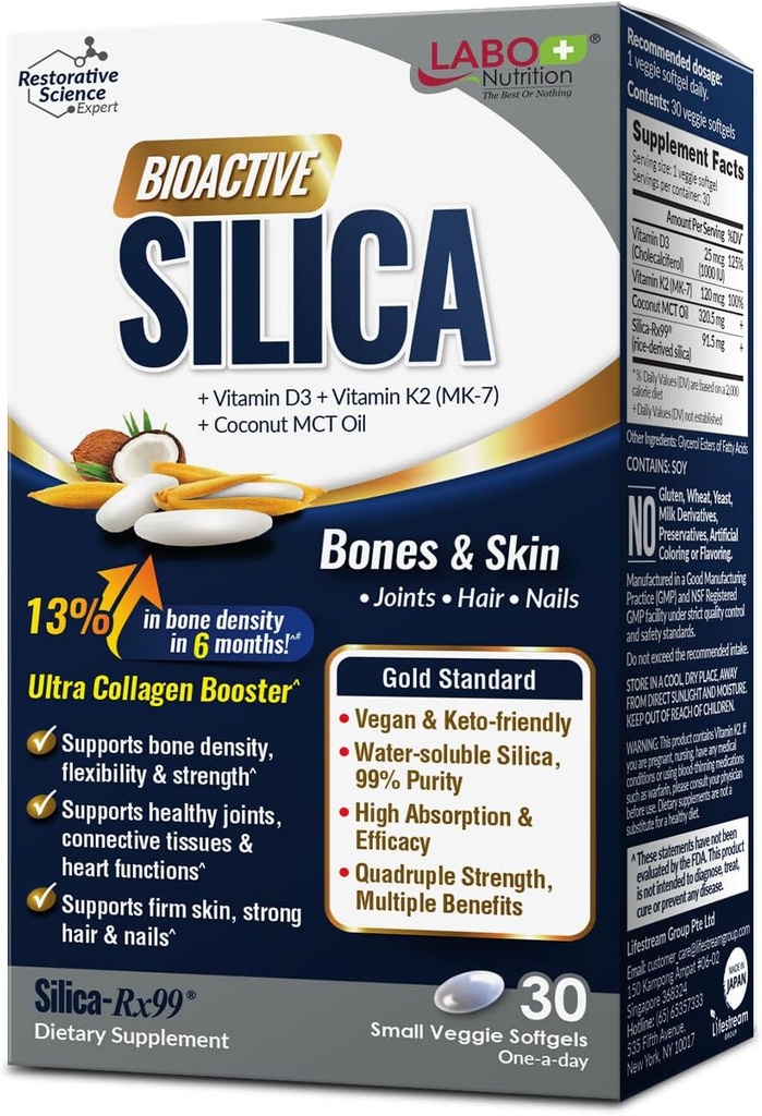 LABO Nutrition Bioactive Silica Note 124; Vegan Support for Strong Joint, Bones & Sund Collagen Produktion, glødende hud, Stærk hår & Nails