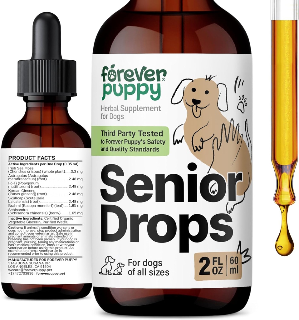 Forever Puppy Senior Dogs Drops - Immun & Brain Support Complex til ældre hunde af alle racer & størrelser - Vitaminer og kosttilskud til ældre kæledyr - Kosttilskud - 2 oz