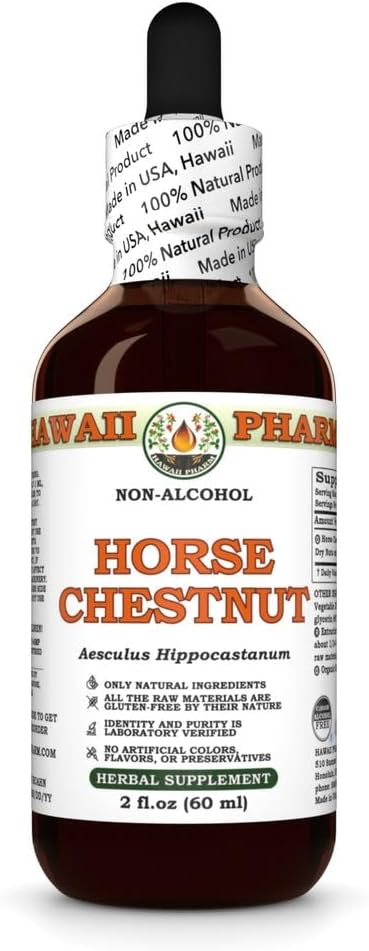 Horse Chestnut (Aesculus Hippocastanum) Tør Nødder Glycerit, Lavet i Hawaii, Organiske Råstoffer, Alle naturlige, Vegansk, Lab Testet Alkohol- Free Liquid Extract - 2 fl.oz