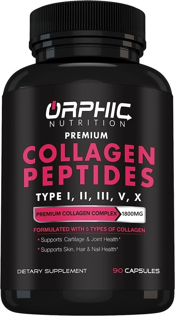 ORPHIC NUTRITION Collagen Peptider kapsler til kvinder, 1800mg Multi kollagen piller type I, II, III, V, X - Understøtter fordøjelsessygdomme Vedligeholdelse stærke joints, tendons, Ligaments og muskler * 90 Caps