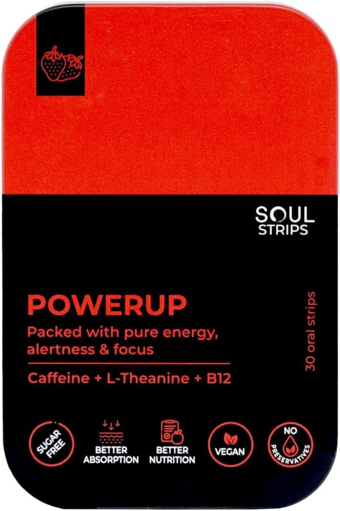 Soul Strips Power Up - Workout + Energy Oral Strips med koffein, L- Theanin, vitamin B12, Strawberry Flavor, Enhances Metabolisme, Quick Absorb, Daglig brug, Zero Sugar, Vegan, 30 Strips Pack