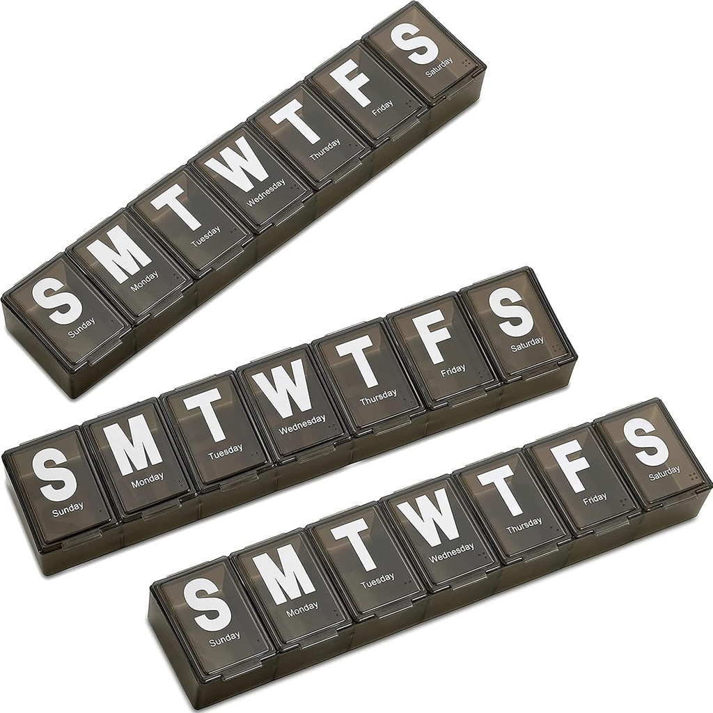 Ugentlig Pill Organizer - (Pack of 3) Ekstra Stor Vitamin Container med Jumbo Let at læse Breve, BPA Gratis - Daglig rejse 7 dages medicinering Pill Box Case, (Sort)