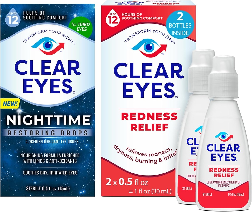 Bundle of Clear Eyes Nighttime Restoring Eye Drops, Nighttime Relief Dry Eye Drops, 0.5 Fl Oz + Clear Eyes Redness Relief Eye Drops, 0.5 oz, Dual Pack
