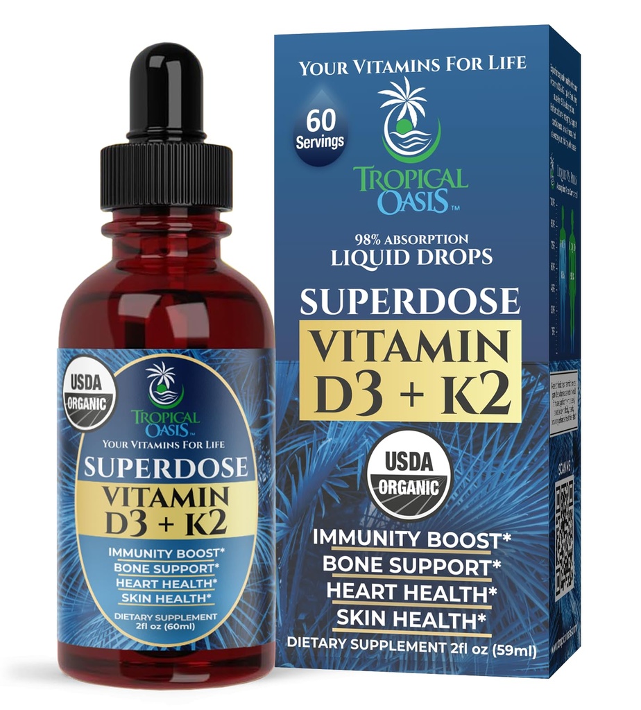USDA Organic Liquid Vitamin D3 K2 Drops for adomatives against 124; Superdose 8000IE Pure Vitamin D3