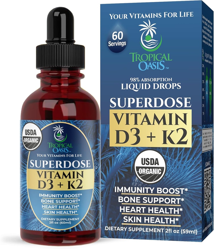 USDA Organic Liquid Vitamin D3 K2 Drops for adomatives against 124; Superdose 8000IE Pure Vitamin D3