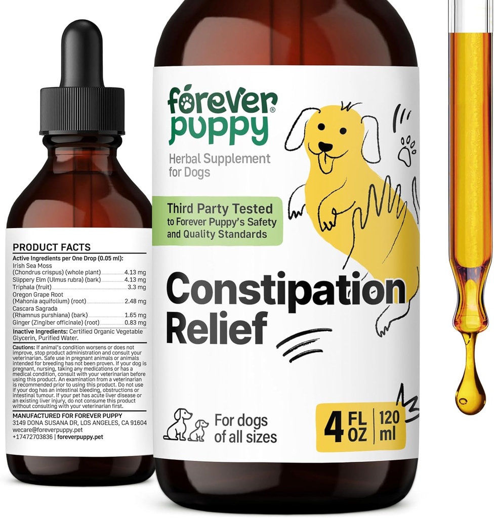 Forever Puppy Forstoppelse Relief for hunde - Afføring Ease Dog Kosttilskud - Sea Moss & Slippery Elm for fordøjelse - Fibervitaminer og Kosttilskud til Forstoppelse - Alle racer og størrelser - 4 oz