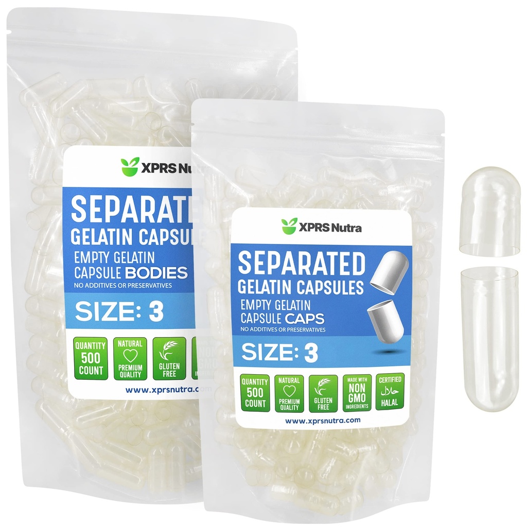 XPRS Nutra Gelatin Size 3 Separated Capsules - 500 Count Clear Empty Capsules Separated in Bags - Size 3 Gelatin Pills Fillable Gel Caps for Do-It-Yourself Supplement Filling