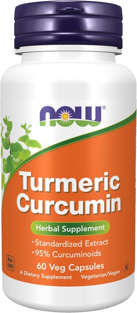 Now Foods Supplements, Gurkemeje, Afledt fra Gurkemeje Root Extract, 95% Curcuminoider, Urtetilskud, 60 Veg Kapsler