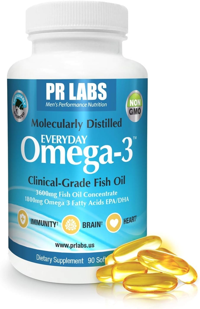 PR Labs - Everyday Omega-3 Clinical Grade Fish Oil Supplement for Mænd - fremmer hjerte, hjerne, immunforsvar og fælles støtte - bæredygtigt sourced og Molekulært Destilleret - 1800 mg EPA og DHA - 1 pakke
