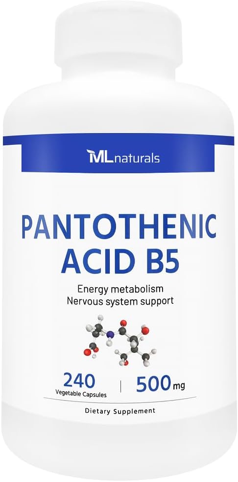 ML Naturals Pantothensyre B5 240 Vegetabilske kapsler. Energi Metabolisme, Nervesystemet Support, NSF- Certificeret & cGMP- Compliant