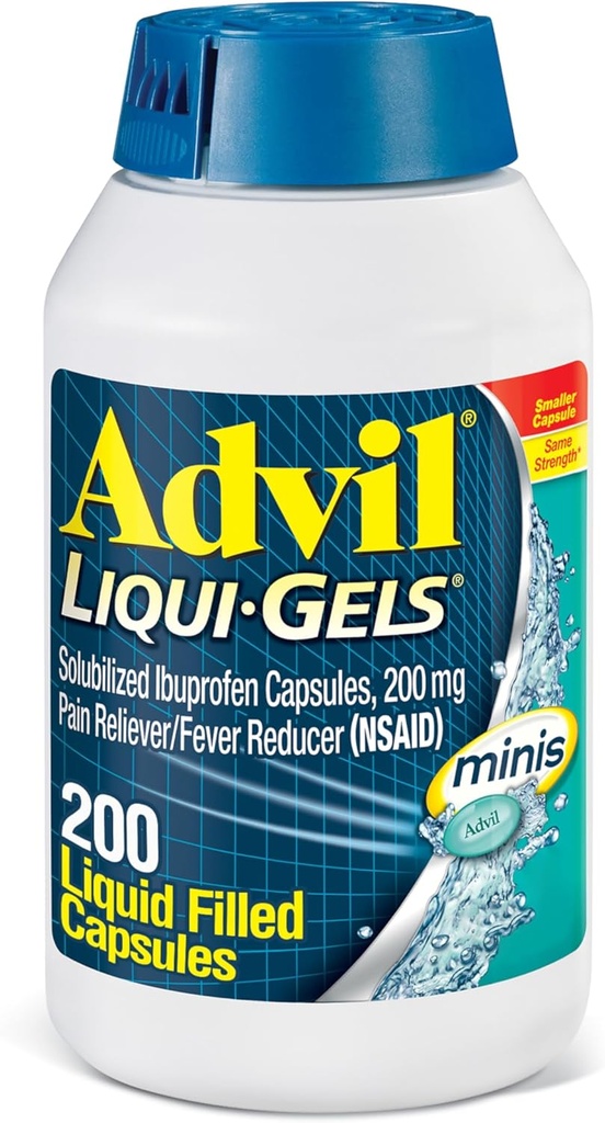 Advil Liqui- Gels minis Smerte Reliever og Feber Reducer, Smertemedicin for voksne med Ibuprofen 200 mg for smertelindring - 200 flydende fyldte kapsler