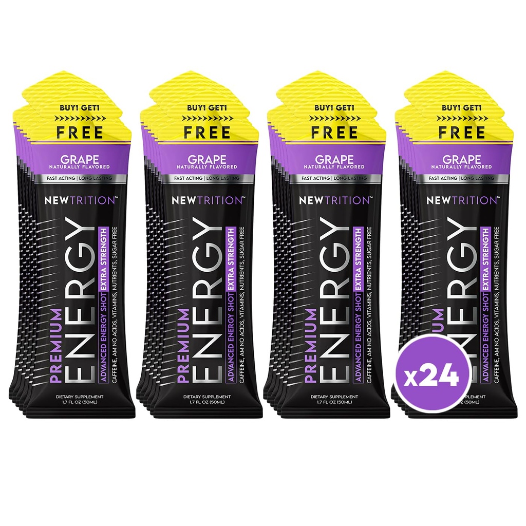NewTrition ® Extra Strength Energy Shots, 250 mg koffein Energy Shots med vitamin B & Aminosyrer, Sukkerfri Vitamin Energy Shot, 1.7 fl oz (Pack of 24, Grape)