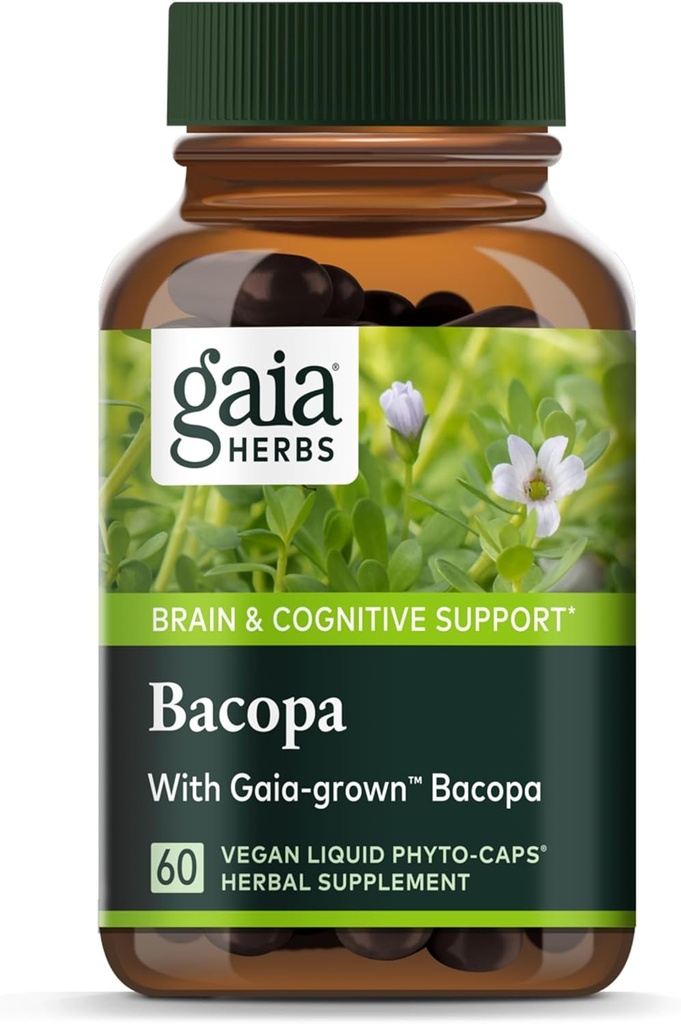 Gaia Herbs Bacopa - Brain and Cognitive Support Herbal Supplement - Lavet med Bacopa (Bacopa Monnieri) til at hjælpe med at understøtte en Thriving Mind - 60 Vegan flydende Phyto- kapsler (op til 60-dages forsyning)