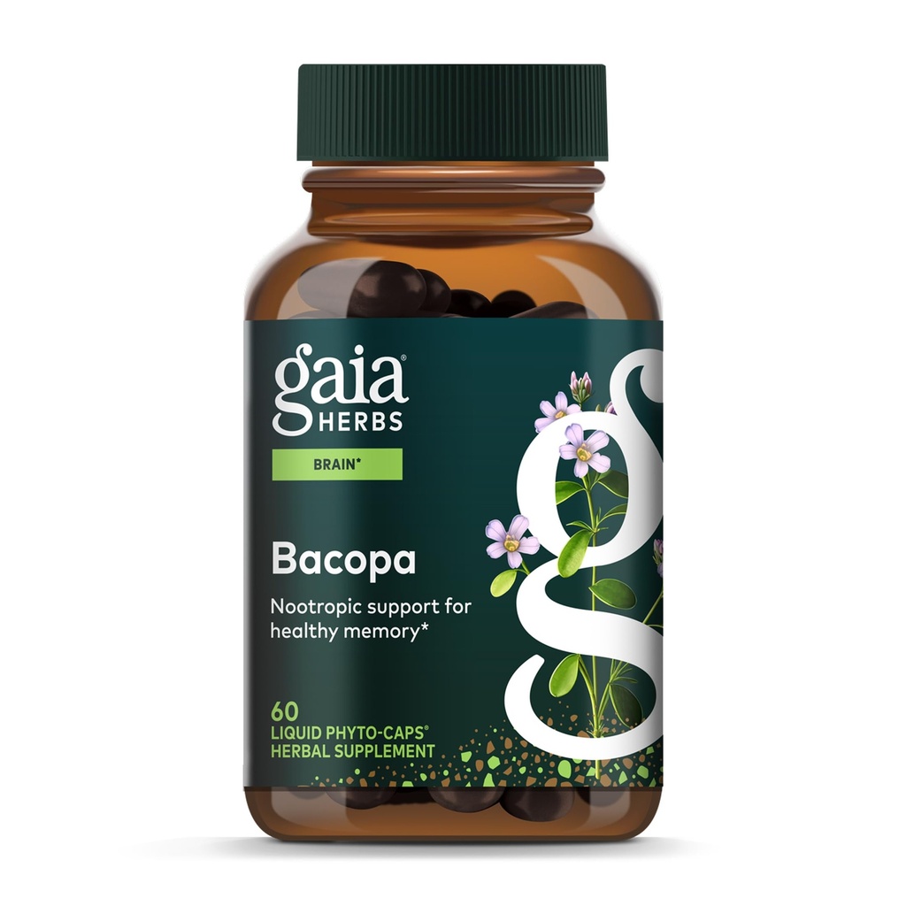 Gaia Herbs Bacopa - Brain and Cognitive Support Herbal Supplement - Lavet med Bacopa (Bacopa Monnieri) til at hjælpe med at understøtte en Thriving Mind - 60 Vegan flydende Phyto- kapsler (op til 60-dages forsyning)
