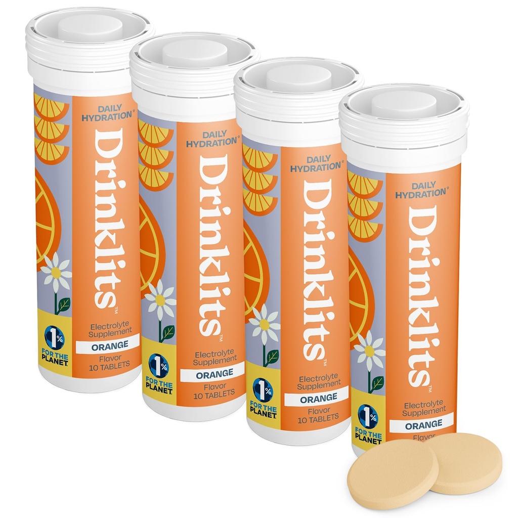 Drinklits Orange Daily Electrolyte Hydration Tablets (4) Tube Bundle konsekvente 124; 0g Sukker - Natural Sports Drink - Great Smag-124; 4 Pack (40 Servere)