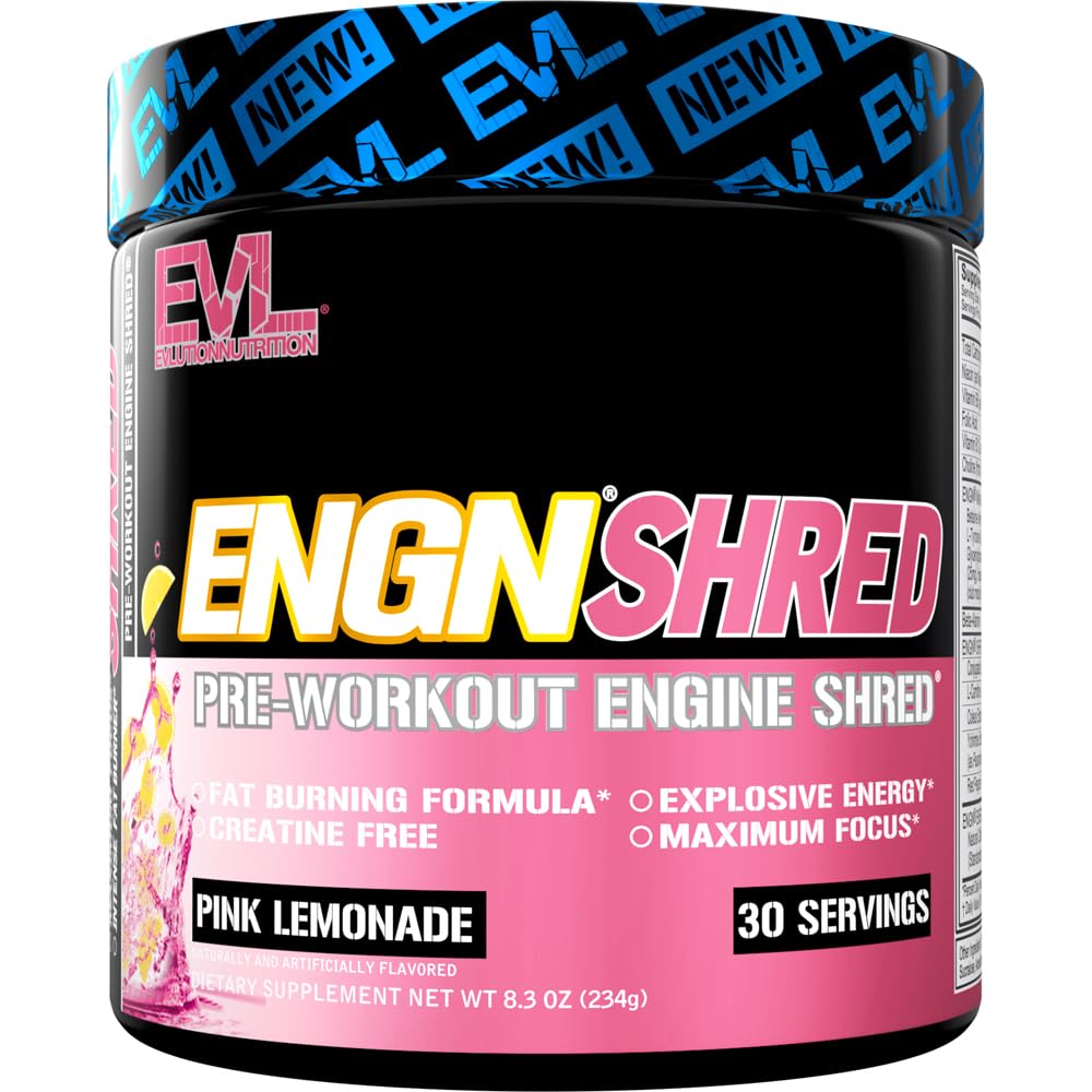 EVL Ultimate Pre Workout Powder - Thermogen Fat Burn Support Preworkout Powder Drikke til vedvarende energi Focus og Stamina - ENGN Shred Intense Creatin Free Preworkout Drikke Mix - Pink Lemonade