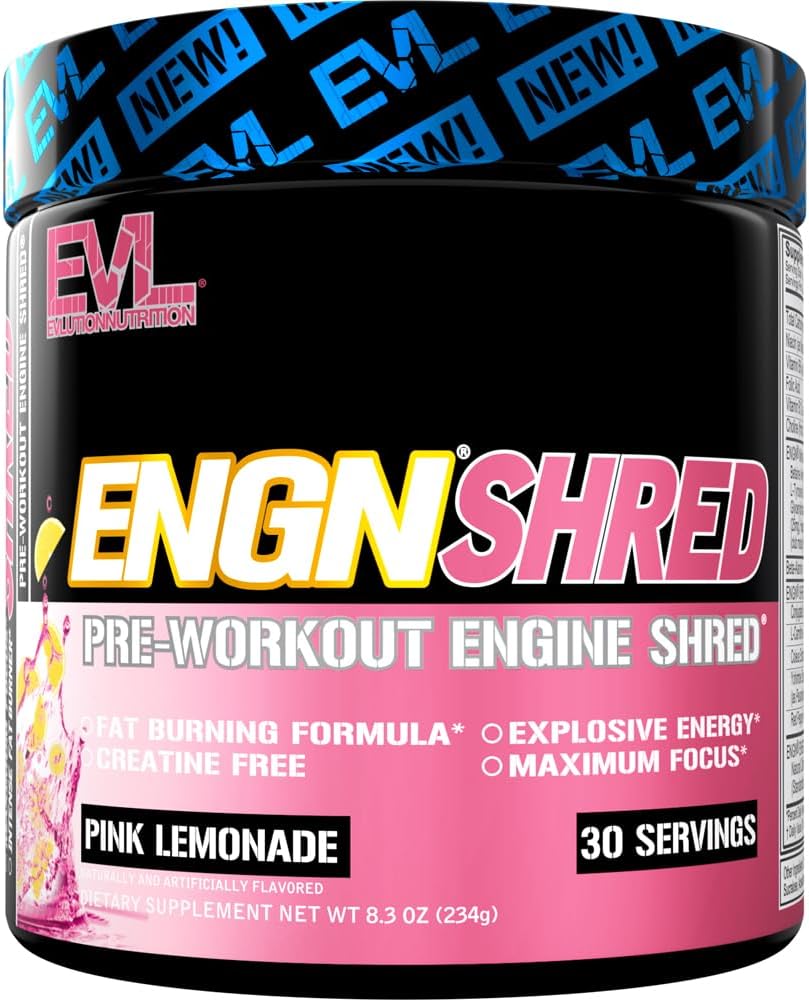 EVL Ultimate Pre Workout Powder - Thermogen Fat Burn Support Preworkout Powder Drikke til vedvarende energi Focus og Stamina - ENGN Shred Intense Creatin Free Preworkout Drikke Mix - Pink Lemonade