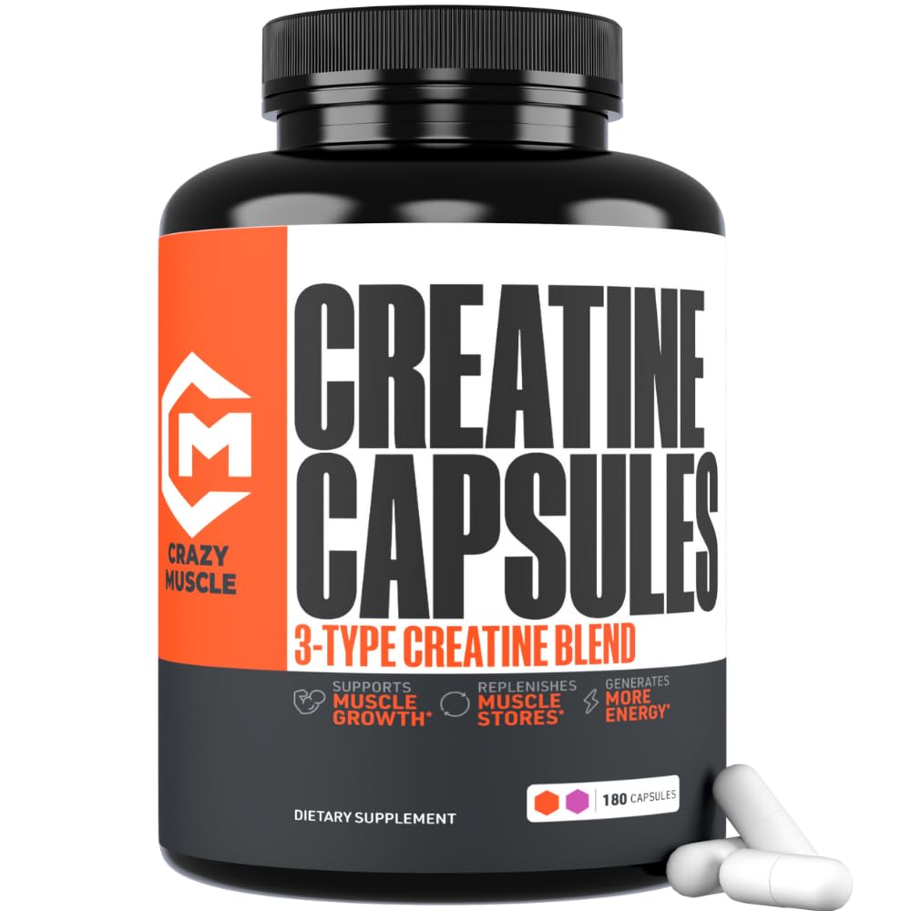 Kreatininkapsler, 5g Premium 3X ThreeAtine Pre Workout Bulk muskelmasse Gainer, Høj Absorption Let at tage Creatininmonohydrat piller Alternativ Optimum ydeevne for mænd kvinder, 180 Kapsler