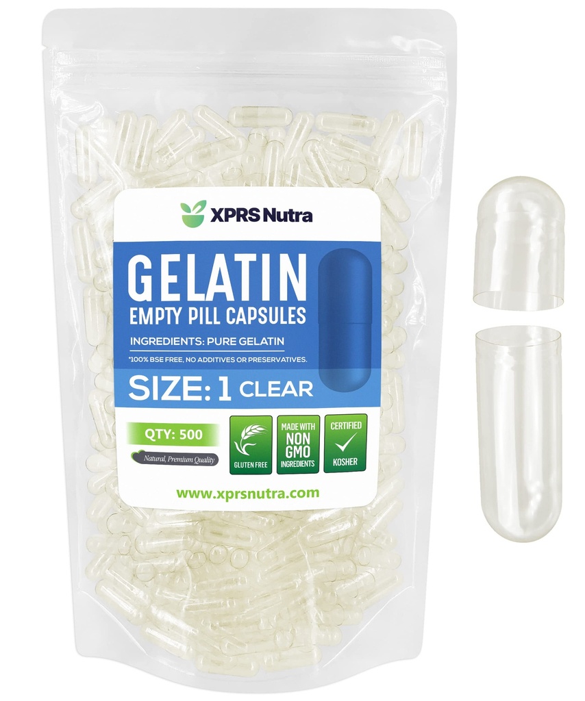 XPRS Nutra Størrelse 1 Tomme kapsler - 500 Tomme Gelatine kapsler - Piller gør det - Pure Bovin Pille Gel Caps til Do- It- Yourself Kosttilskud (Clear)