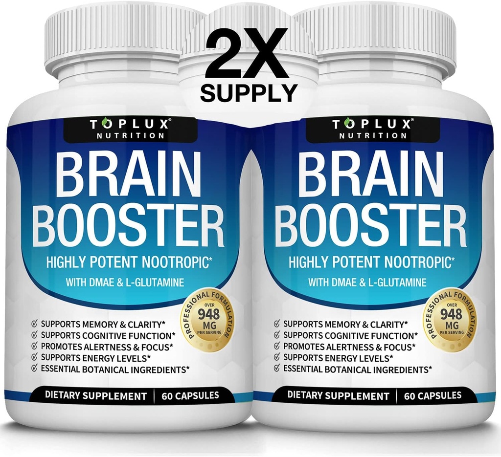 Toplux Brain Supplement Nootrop - Brain Pills Vitamin med DMAE, Bacopa Monnieri, L- Gutamin, for Mænd Kvinder, 60 Kapsler, Nutrition