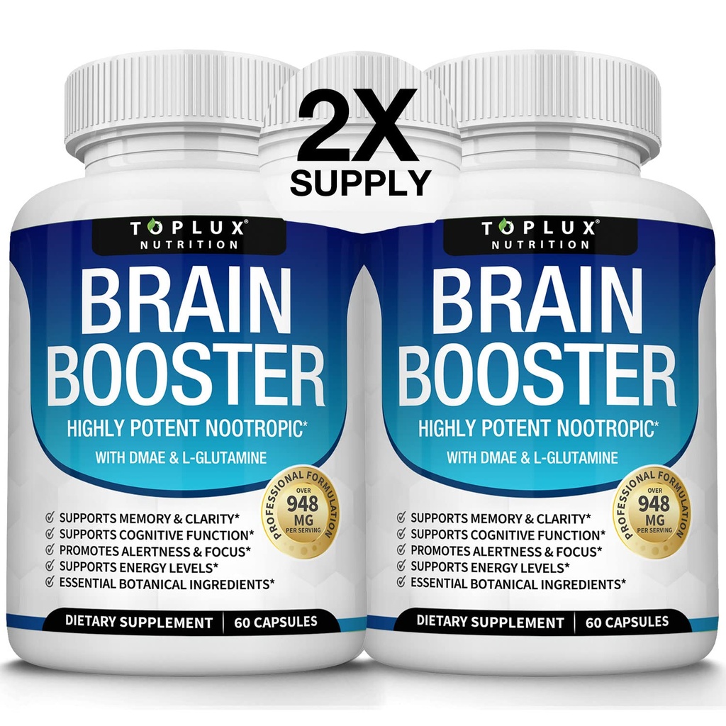 Toplux Brain Supplement Nootrop - Brain Pills Vitamin med DMAE, Bacopa Monnieri, L- Gutamin, for Mænd Kvinder, 60 Kapsler, Nutrition