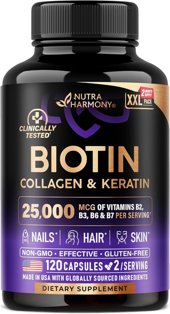 Biotinstof 124; kollagen • 124; hyaluronsyre • 124; Keratin - klinisk testet supplement - hårvækst støtte, hud & negle - 25000 mcg vitaminer B2, B3, B6 & B7 + B1 - fremstillet i USA - kvinder & mænd • 124; 120 kapsler
