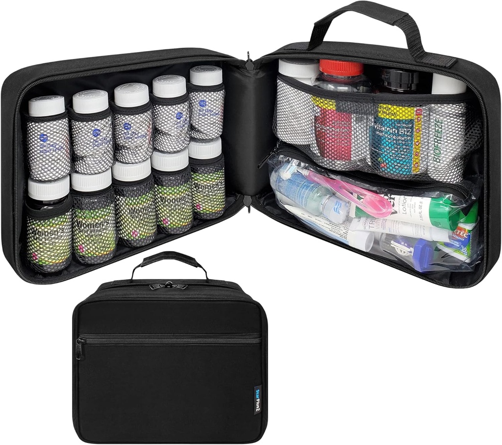 Stor polstret pilleflaske Organizer, Medicine Bag, Case, Carrier for Medications, Vitaminer, og medicinske forsyninger - Travel Medicine Organizer og Home Storage Med Bag - Sort (uden lås)