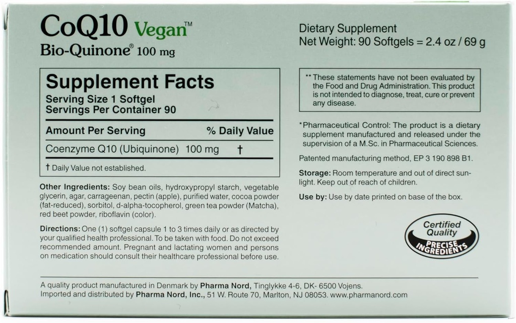 CoQ10 Vegan Bio- Quinone 100 mg, 180 Softgels Tél 124; Premium Plant- Based Coenzym Q10 Supplement med non-GMO ingredienser til optimal sundhed
