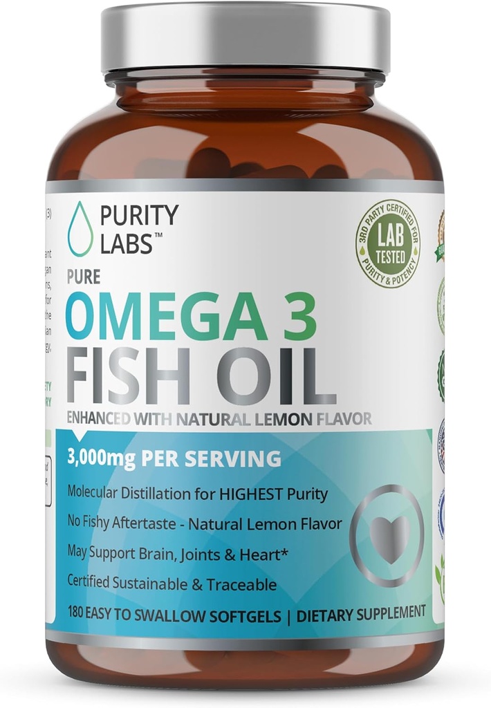 Renhed Labs Omega 3 Fish Oil 3000mg - DHA & EPA Omega 3 Fedtsyrer Kosttilskud til støtte hjerte og hjerne - Immun Support - 180 Softgels (60 Servere)