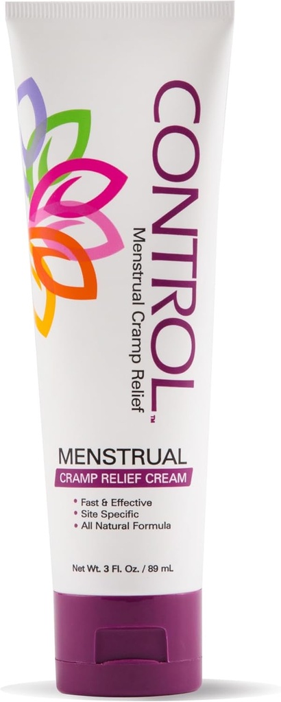 CONTROL, Menstrual Cramp Relief Cream, Tematisk Smerte Relief for Periode kramper og PMS, Periode Relief Produkter, Hurtig og effektiv, Let at bruge, Sikker for alle aldre, Hormone Free, Alle naturlige, 3 oz Tube.