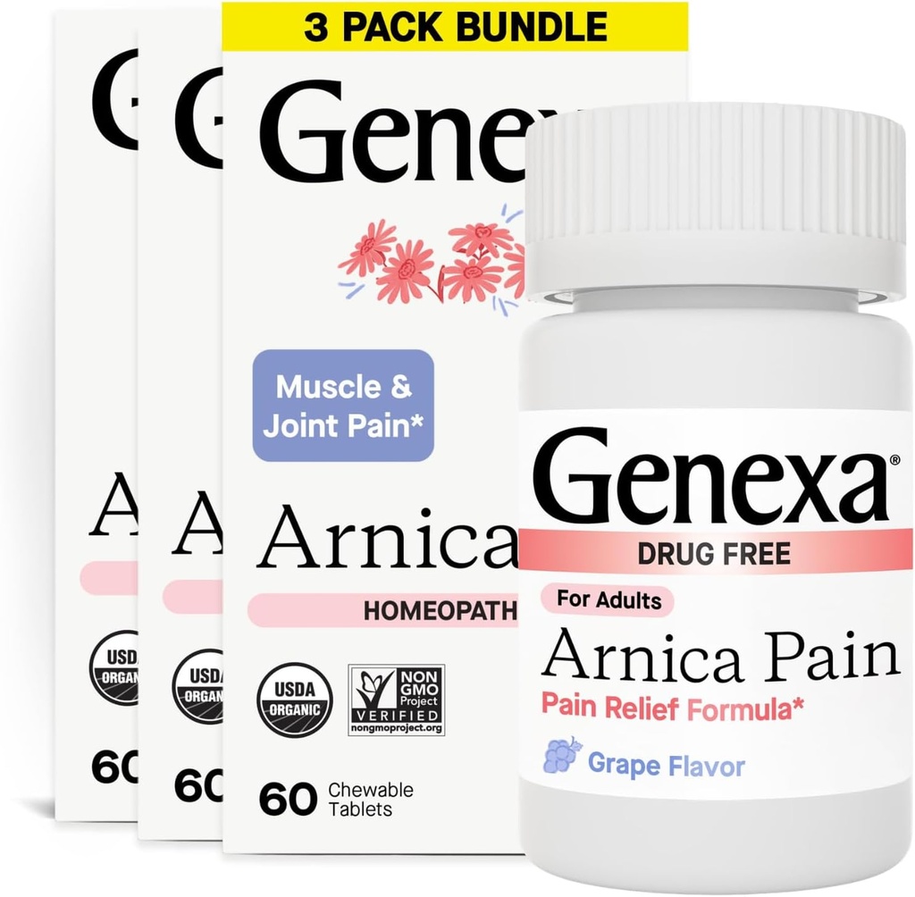 Genexa Arnica tabletter til smertelindring Formelle 124; Allequate Muscle & Joint Pain, ømhed, & Stiffness; 124; Lækker Organisk Grape Flavor 124; Homøopatisk Remedy Lade Clean 124; 300 tyggetabletter (3 Pack)