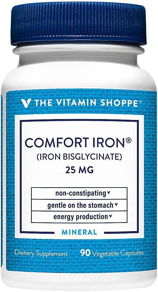 Den Vitamin Shoppe Comfort Iron 25MG, Klinisk undersøgt Iron Bisglycinate, energiproduktion & immunstøtte, Gentle & Non- Constipating Supplement (90 Veggie Kapsler)