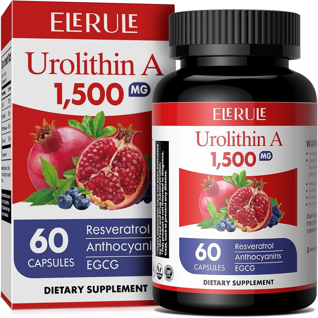 Urolithin A Supplement 1000 mg Plus Trans- Resveratrol, Antocyaniner, grøn te, fremme sund aldring, understøtter cellular og energi til mænd og kvinder, 60 kapsler