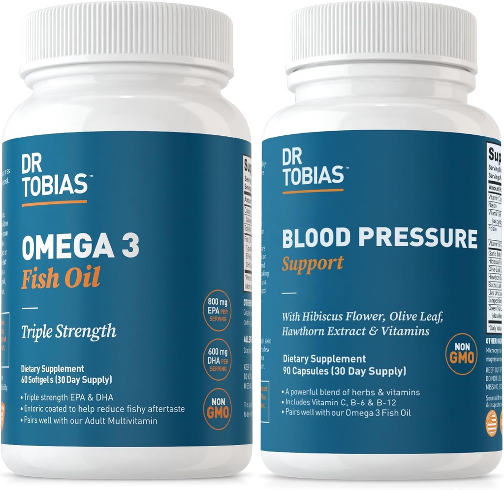 Dr. Tobias Omega 3 Fish Oil & Blood Pressure Support Support for Heart, Brain, Immun, Circulatory Health, med C-vitamin, B6, B12, Niacin, Folate & Urter
