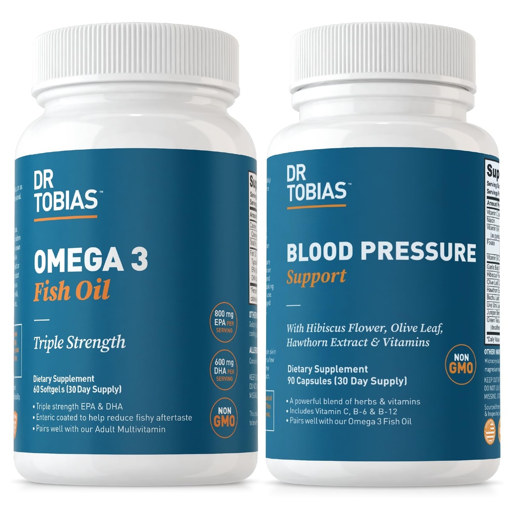 Dr. Tobias Omega 3 Fish Oil & Blood Pressure Support Support for Heart, Brain, Immun, Circulatory Health, med C-vitamin, B6, B12, Niacin, Folate & Urter