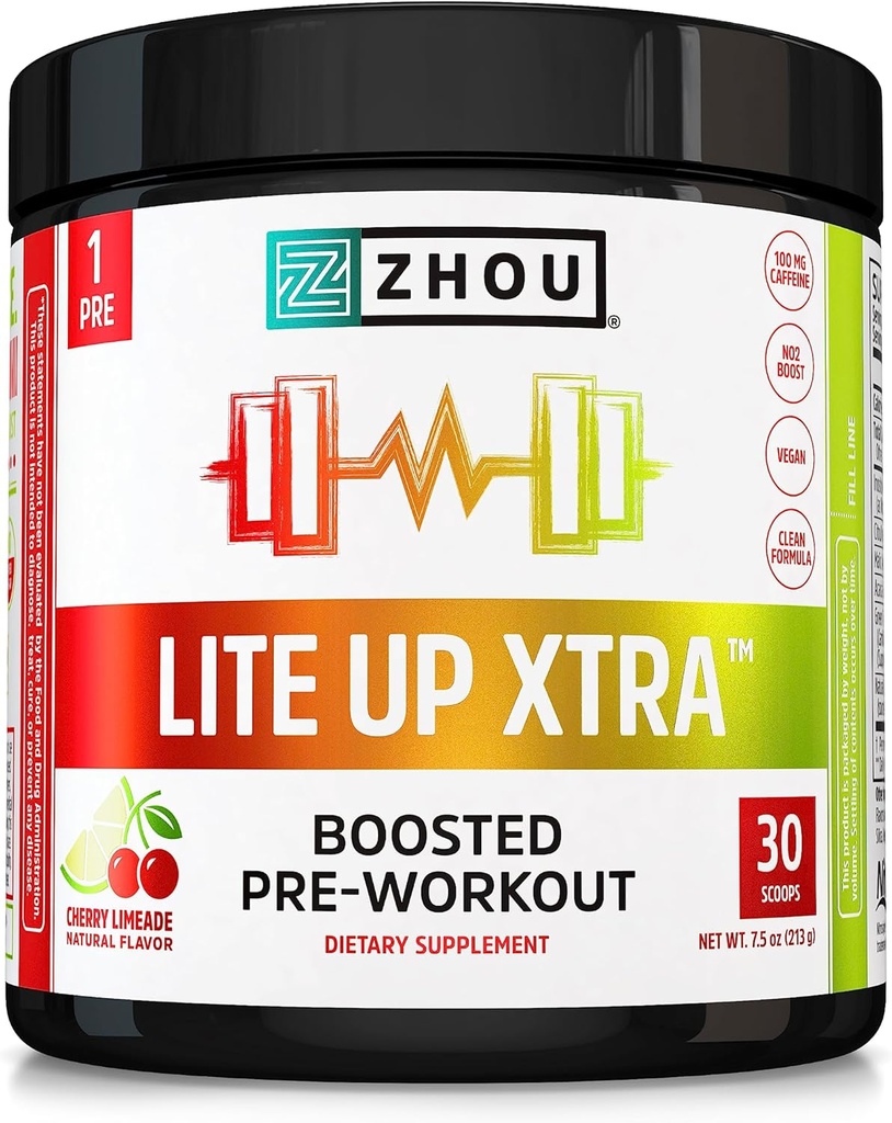 Zhou Lite Up Xtra - Sugar Free Pre Workout Powder for kvinder & mænd, Preworkout Supplement med koffein til ren energi, Aminosyreunderstøttelse, Hydrate & Focus, Plant Based - 30 Scoops