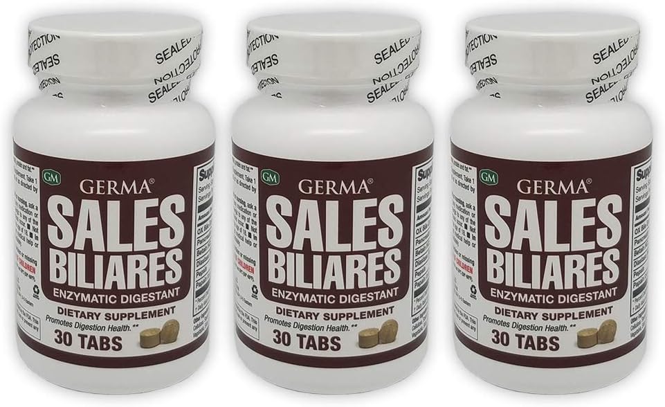 Germa Bile Salts Natural Dietary Supplement. Enzymatisk fordøjelsesmiddel. Aids in The Digenstion of Starch, Protein and Fat. 30 Tablets. Pakning med 3