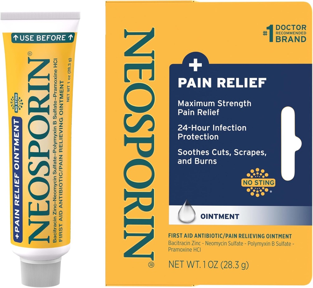 Neosporin + Maximum-Strength Triple Antibiotic Ointment with Pain Relief, Dual Action First Aid Wound Care, No-Sting Formula with Pramoxine HCl, Bacitracin Zinc, 1 oz Single Tube