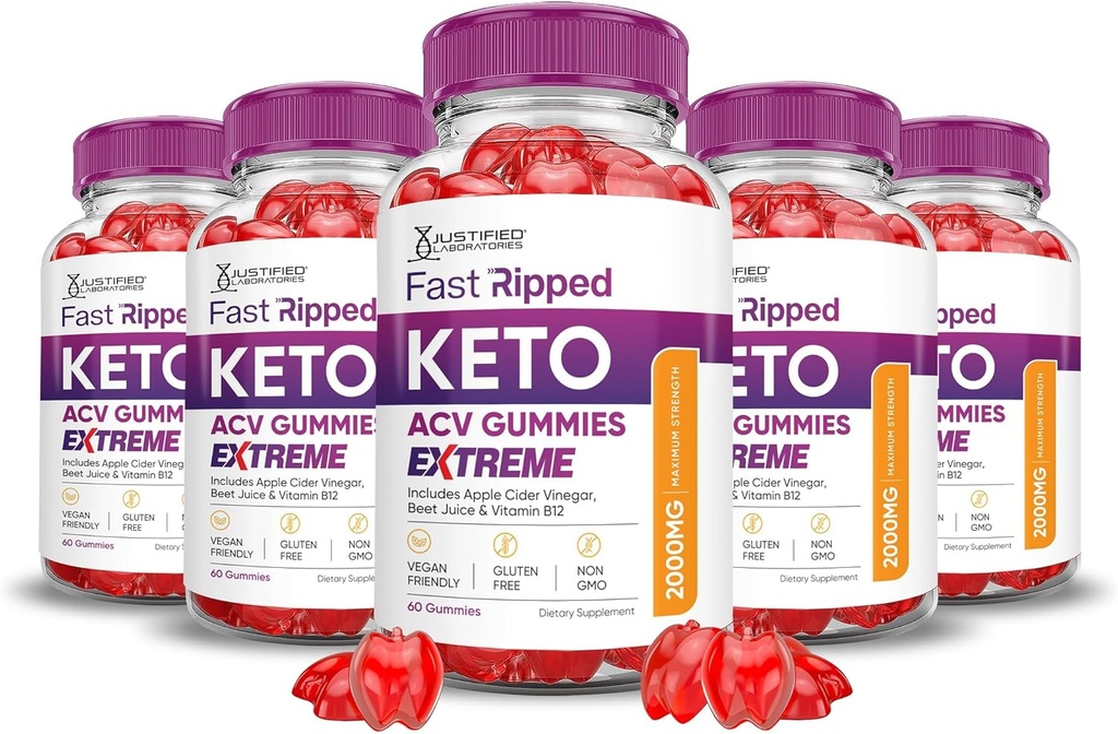 Justified Laboratories (5 Pack Fast Ripped Keto ACV Gummies Extreme 2000MG Fast Ripped Keto Gummies Apple Cider Vinciate Formuleret med Pomegranate Beet Juice Powder B12 Vegan Non GMO 300 Gummys